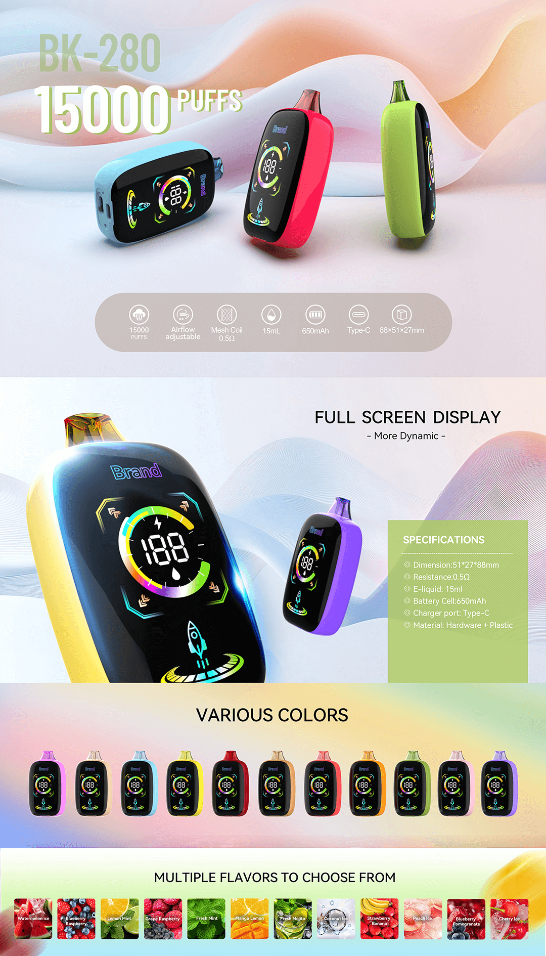 Reesmai BK-280 15000 puffs disposable vape full screen display airflow adjustable mesh coil 0.5Ω 15mL e-liquid 650mAh battery Type-C charging various colors multiple flavors.