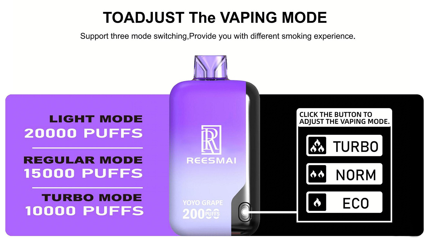 REESMAI Vape Mode Adjustment: Turbo/Norm/Eco, Variable Puffs, Disposable E-Cig