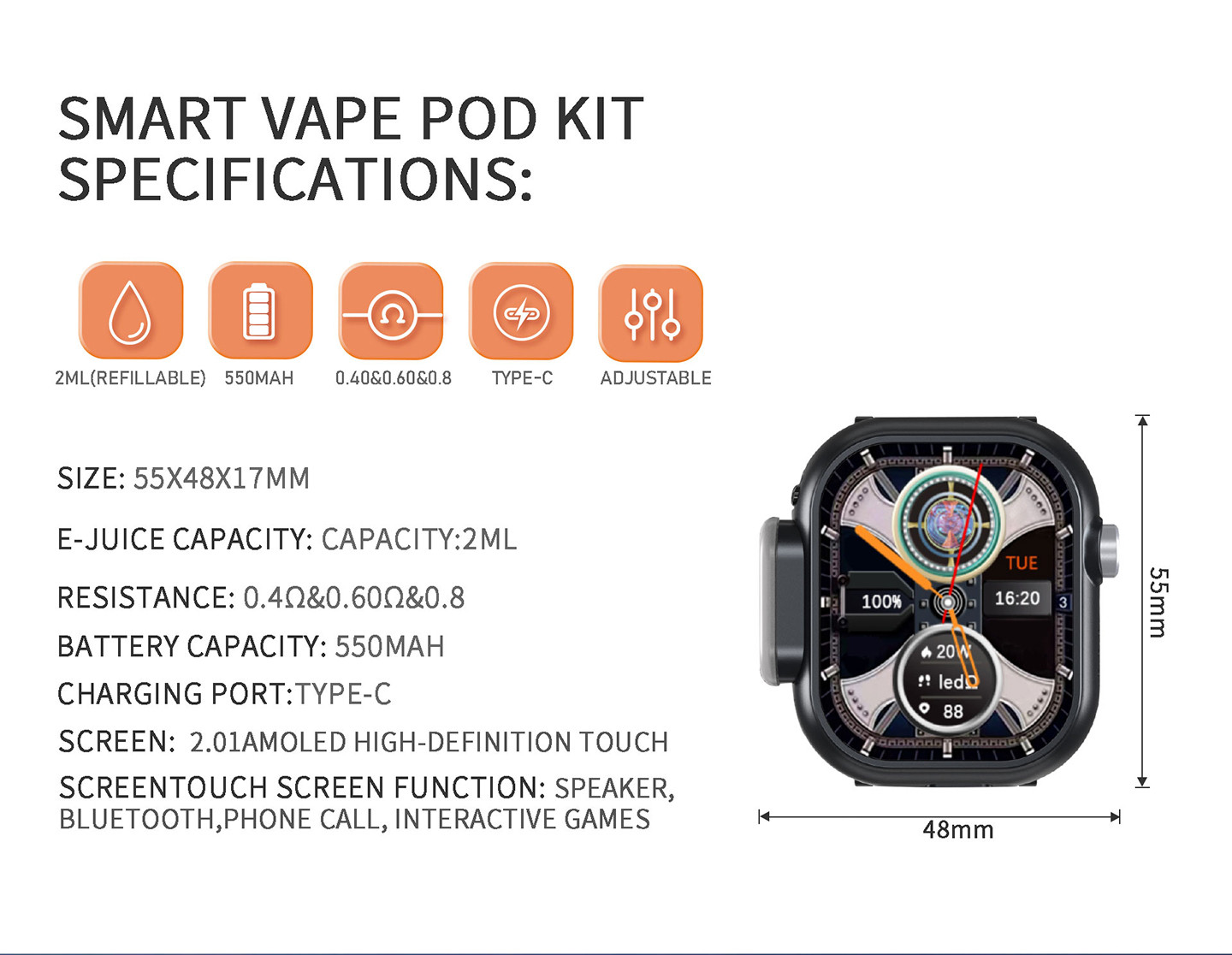Smart Vape Pod Kit: 2ML, 550mAh, Type-C, Adjustable Specs