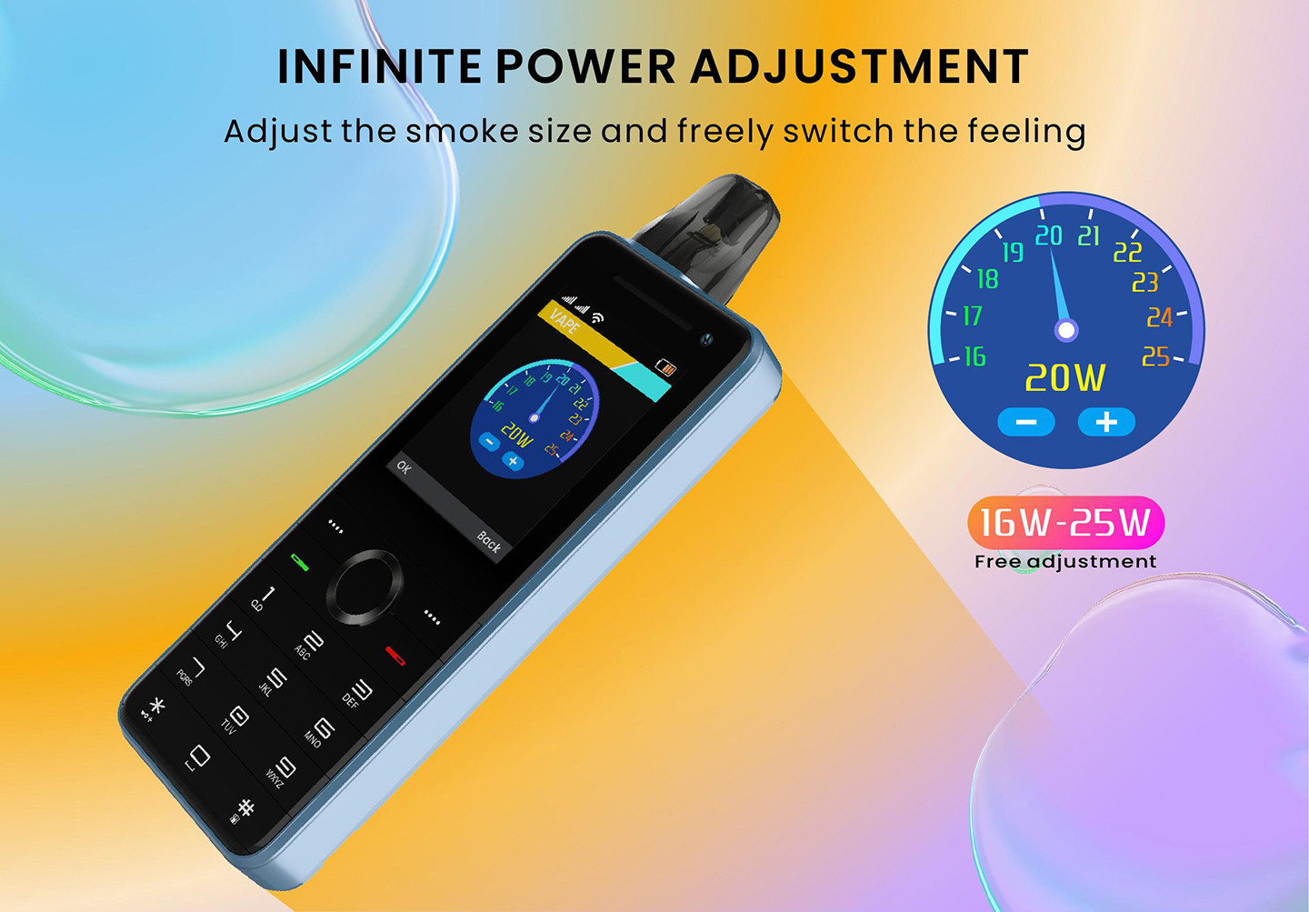 16W-25W Adjustable Power Mobile Phone Vape for Smoke Size