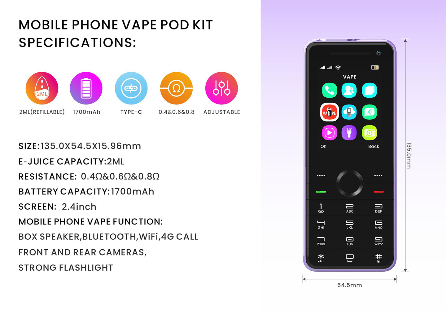 Mobile Phone Vape Pod Kit Specs: 2ML, 1700mAh, Type-C, Adjustable Resistance